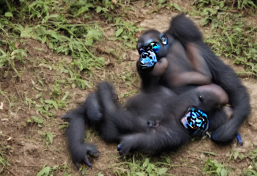 Prompt: “ a baby gorilla laying on the ground in the jungle by alex petruk ape, trending on flickr, primitivism, national geographic photo, uhd image, creative commons attribution ”