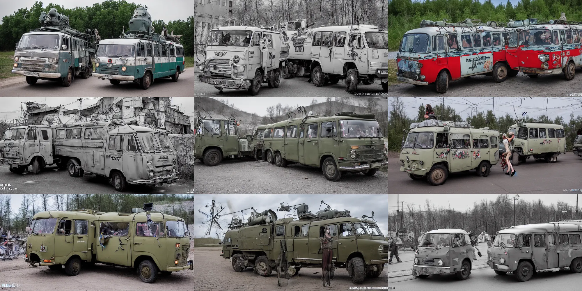 Prompt: gazelle of death gaz - 2 7 0 5 russian vehicle on a tour from moscow to vladivostok with punk band abroad manga style