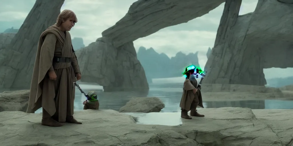 Prompt: Luke Skywalker teaches baby yoda at Jedi Temple scene from Force Awakens, 2022, serene, iconic scene, stunning cinematography, anamorphic lenses, kodak film