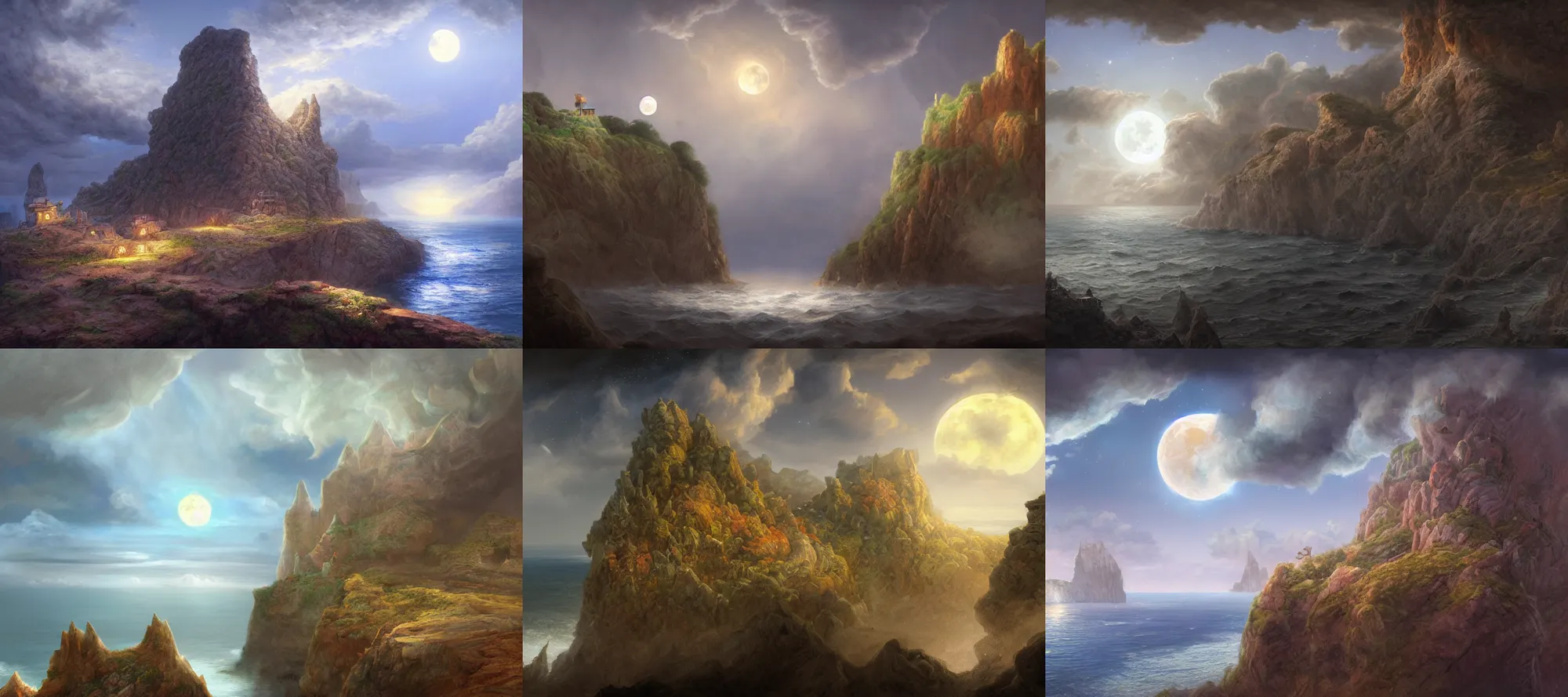 Prompt: a digital painting of a landscape with cliffs overlooking the sea, clouds concealing the moon and stars at night by justin gerard, paul bonner, highly detailed, volumetric lighting, traditional pencil drawing on strathmore bristol with digital color, digital art, artstation hd