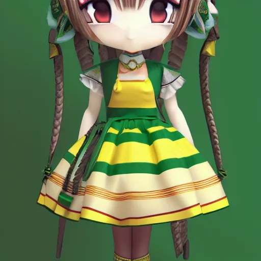 Prompt: cute fumo plush of a girl in a green and gold tribal patterned dress, stylized material bssrdf, cel shading, vray, anime girl