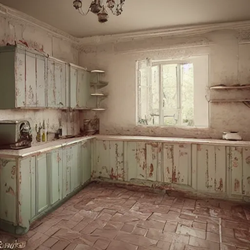 Image similar to a detalied 3 d render of a shabby chic kitchen, by valentin franke, ilya galinsky trending of artstation, photorealism