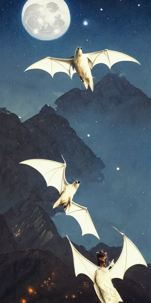 Image similar to a white bat, flying against a night sky, mountain in the background, moonlight, denoised, very detailed, painted by james gurney, norman rockwell, tom bagshaw