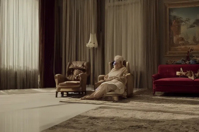 Prompt: VFX movie of old woman helping sleek futuristic robot in a decadent living room by Emmanuel Lubezki