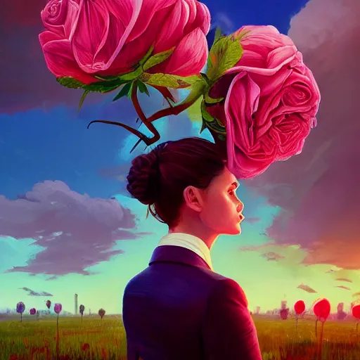 Image similar to portrait, giant rose flower head, girl in a suit, surreal photography, sunrise, blue sky, dramatic light, impressionist painting, digital painting, artstation, simon stalenhag