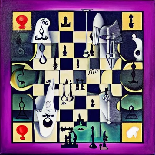 Image similar to painting of chess board in surreal landscape in the style of Salvador Dali