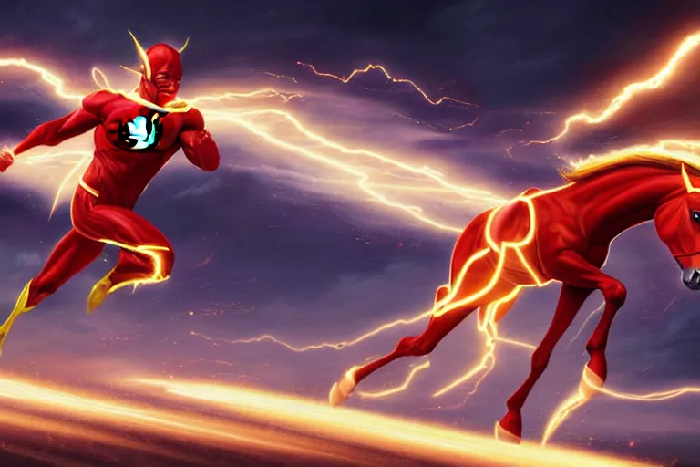 Image similar to a stunning digital painting of a horse as the flash in spandex costume, running in the speedforce by greg rutkowski, volumetric light, digital art, fine detail, photorealistic