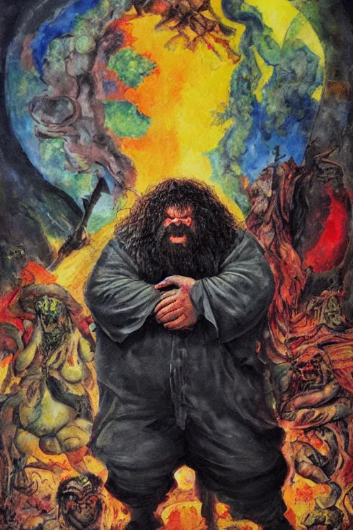 Image similar to surreal a hulking herculean hagrid in a post apocalyptic hellscape, esoteric symbolism, intense emotional power, red yellow black, palette knife oil painting by peter booth and william blake