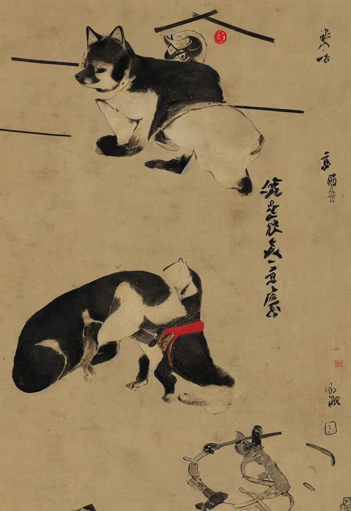 Image similar to a shiba-inu-samurai general waking up from a nap on the battlefield, his trusty katana at his side, artwork on loan from the historical dog society of japan