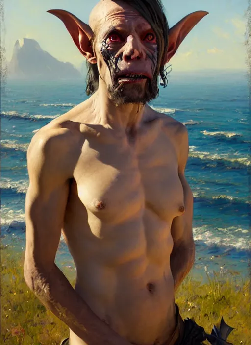 Image similar to portrait of a goblin pirate, countryside, calm, fantasy character portrait, dynamic pose, above view, sunny day, ocean background, artwork by Jeremy Lipkin and Giuseppe Dangelico Pino and Michael Garmash and Rob Rey, very coherent asymmetrical artwork, sharp edges, perfect face, simple form, 100mm