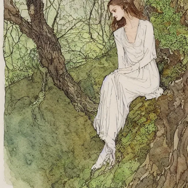 Image similar to a detailed, intricate watercolor and ink portrait illustration with fine lines, of a lovely, pretty, young alicia vikander with a detailed face in a dress sitting on the mossy ground reading under a gnarled tree, by arthur rackham and edmund dulac and mucha