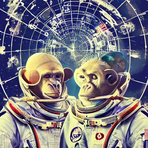 Image similar to double exposure portrait of astronaut and a chimpanzee astronaut with space and time in the the background by davinci, circles, psychedelic, pencil art, fibonaci sequence, dynamic lighting stars, sharpness, golden ratio