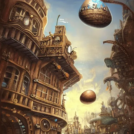 Image similar to flying egg - shaped steampunk city, fantasy art, sky in the background, detailed, behrens style