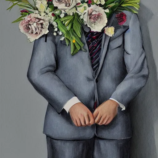 Prompt: guy holding flowers, looking nostalgic, in love, in a dapper suit, artwork by Cheng, Hsiao-Ron