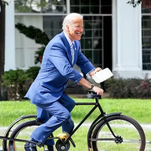 Prompt: joe biden wearing a suit while riding a small bicycle and holding an ice cream, high detail