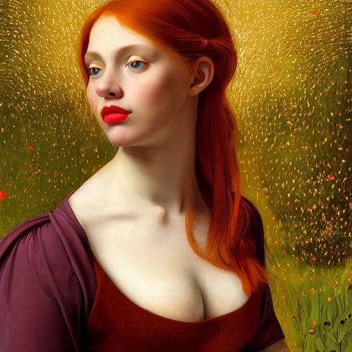 Prompt: a highly detailed portrait, red haired young woman, among golden fireflies, amid nature, long hair, green eyes, hint of freckles, round gentle face, cheeky smile with red lips, deep focus, elegant, digital painting, smooth, sharp, golden ratio, illustration, art by artemisia lomi gentileschi, caravaggio and artgerm