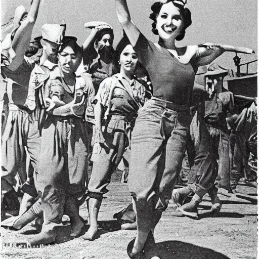 Prompt: shantae dancing in prison camp, wwii, full color