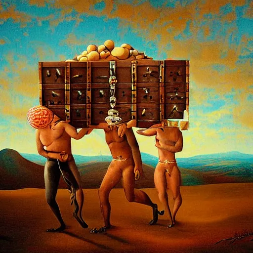 Image similar to a surrealism fantasy painting of the three men carrying a chest in the desert by finlay virgil