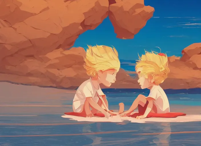 Image similar to two little boys with tousled blonde hair sitting on a beach. clean cel shaded vector art. shutterstock. behance hd by lois van baarle, artgerm, helen huang, by makoto shinkai and ilya kuvshinov, rossdraws, illustration, art by ilya kuvshinov