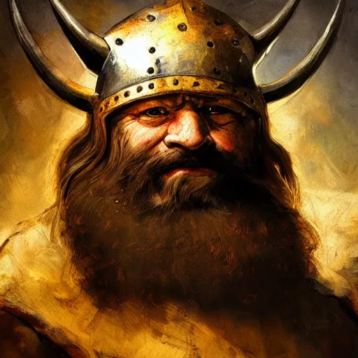 Prompt: high quality oil painting portrait of tough dwarf worrior with iron horned helm and long beard by Rembrandt and Raymond Swanland, dark background, high fantasy, perfect lighting
