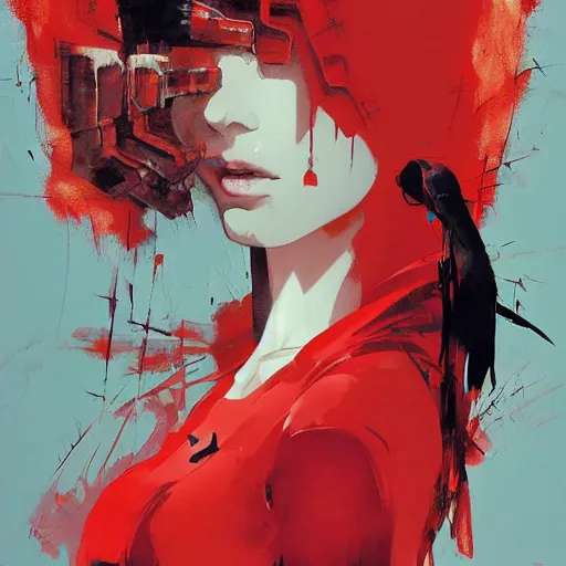 Prompt: portrait of a daydreaming melancholic latin woman in red habit being progressively rasterized into pixels from another world, she is surrounded by digital birds and a giant loving neon mecha robot is besides her, oil on canvas by yoji shinkawa, esao andrews, dave mckean and stina persson