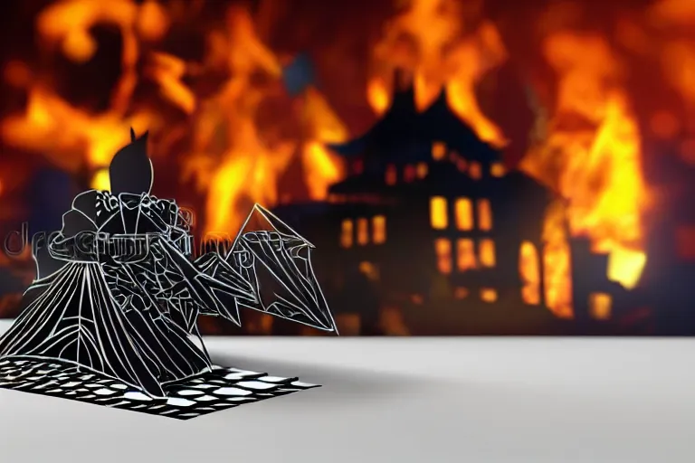 Image similar to Dark Knight Joker building a house of cards on top of a table, with a flaming background. 3d rendering, toy story style, pixar style, distant view, blurred background.