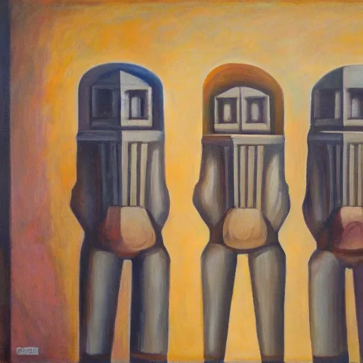 Image similar to three brutalist giant sacred robots visage, portrait, dictator, cathedral, dystopian, pj crook, edward hopper, oil on canvas