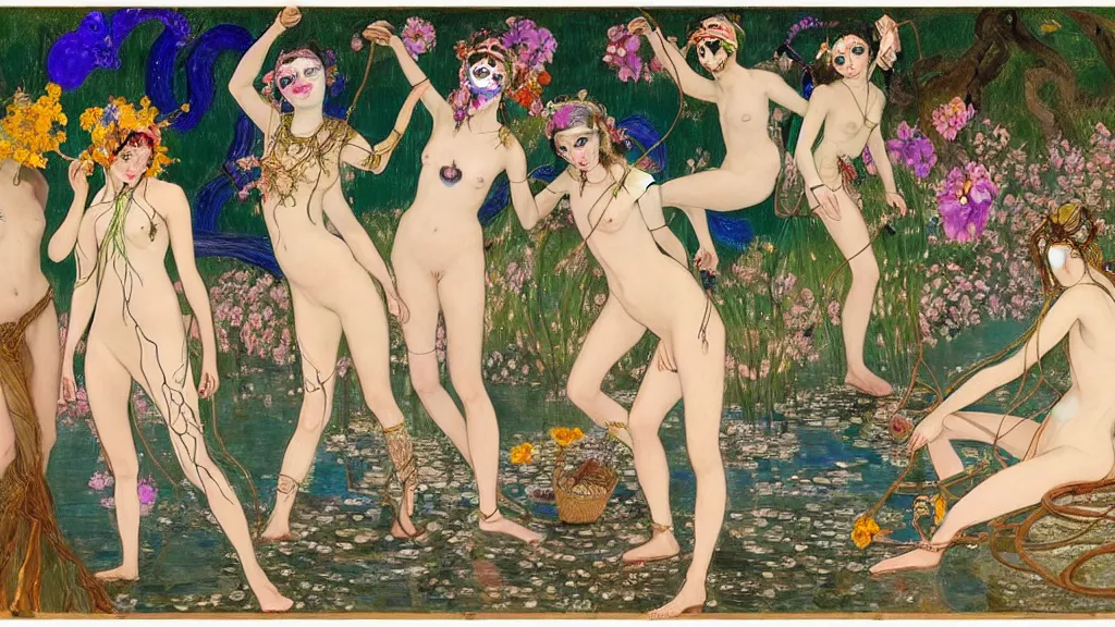 Prompt: prompt: 7 beautiful girls in lake with shining face painted by Leon Bakst, bug tiger in the middle, nymph in the water performing alchemy, cyborg and robot broken lying around the nymphs, small flowers and cables and wire around and on the side with artifacts and ancient book, intricate oil painting, high detail, Neo-expressionism, gnarly details