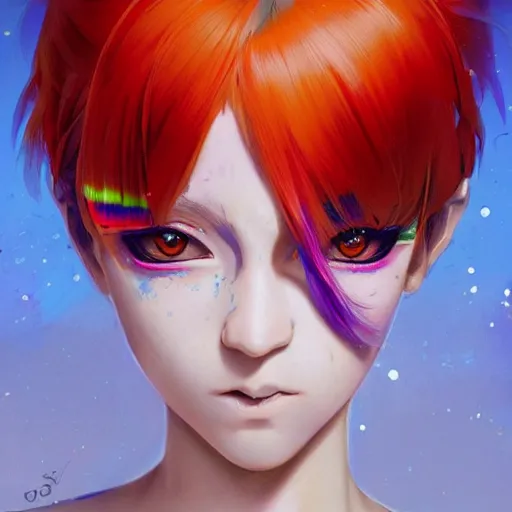 Prompt: portrait of anime pixie character with funky rainbow hair, manga cover, highly detailed, digital painting, artstation, concept art, sharp focus, illustration, strong brush stroke, anime, art by greg rutkowski, ilya kuvshinov, sharp focus, ghibli studio, art by ilya kuvshinov, rossdraws