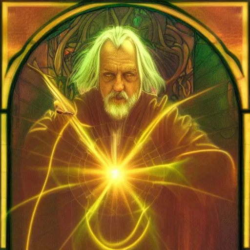 Prompt: a wizard is casting a magic spell, mystic, fantasy, magic, award winning photography, hdr, studio lighting medium close shot, mucha style,