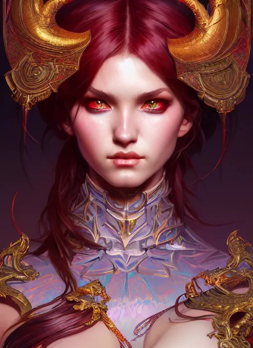 Prompt: hyper detailed ultra sharp of a beautiful devil girl. trending on artstation, dungeon, colorful, ornate, intricate, digital painting, concept art, smooth, sharp focus, illustration, art by artgerm and greg rutkowski and alphonse mucha, 8 k