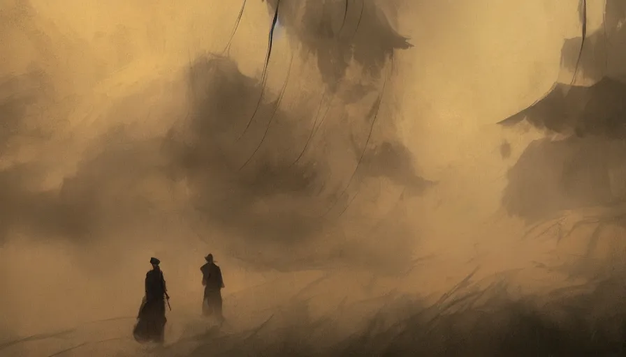 Prompt: craig mullins and ghibli digital illustration of ukiyo - e style, ghosts walking at night, clouds and mist, folding fan, wide angle, manzhu sand, hand - painted, granular sense, rich color, red tone, dry bones, beauty, hyper realism, realistic shading, cinematic composition, realistic render, octane render, detailed textures, photorealistic, wide shot