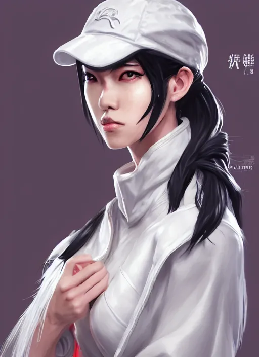 Image similar to a highly detailed illustration of fierce tall amazon messy ponytail black haired one armed delinquent japanese woman wearing white cap wearing long white jacket with cape, muscular, intricate, elegant, highly detailed, centered, digital painting, artstation, concept art, smooth, sharp focus, league of legends concept art, wlop.