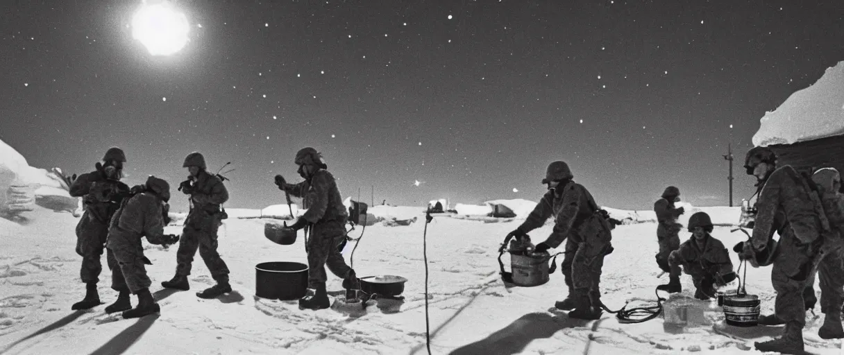 Image similar to a high quality color creepy atmospheric dimly lit closeup film 3 5 mm depth of field photograph of us soldiers pouring cans of gasoline along the perimeter of homes in mcmurdoch station in antarctica in 1 9 8 2 with the aurora borealis in the sky at night