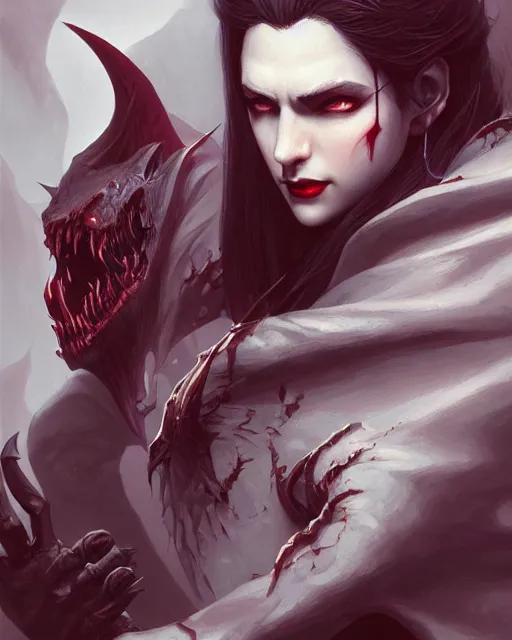 Image similar to vampire, highly detailed, d & d, fantasy, highly detailed, digital painting, trending on artstation, concept art, sharp focus, illustration, global illumination, shaded, art by artgerm and greg rutkowski and fuji choko and viktoria gavrilenko and hoang lap