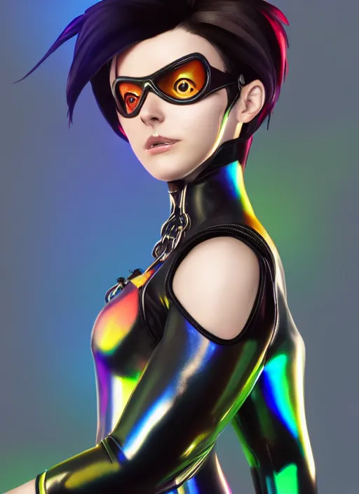 Image similar to portrait bust digital artwork of tracer overwatch, wearing iridescent rainbow latex and leather straps catsuit outfit, 4 k, expressive happy whistling face, makeup, in style of mark arian, angel wings, wearing detailed leather collar, chains, black leather harness, detailed face and eyes,