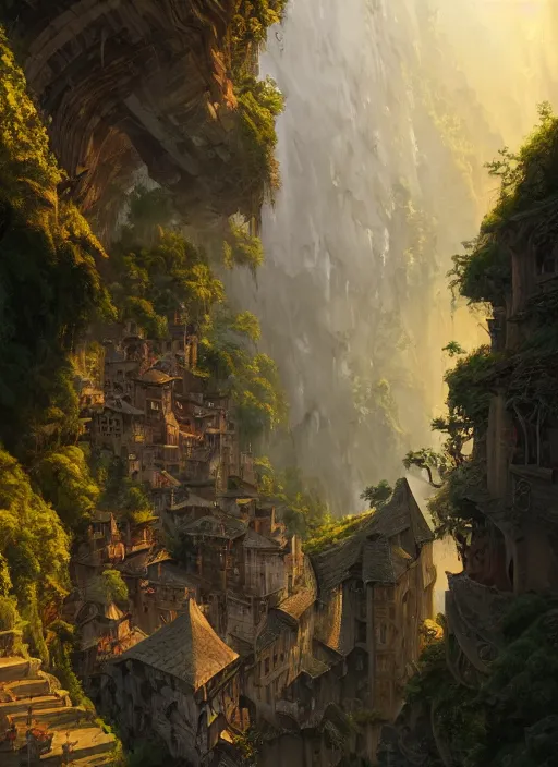 Image similar to medieval city built on terraces in a gigantic canyon, lots of buildings connected by suspension bridges, waterfalls, warm glow coming the ground, lush vegetation, pitchblack sky, extremly detailed digital painting, in the style andreas rocha and greg rutkowski and peter mohrbacher, rim light, beautiful lighting, 8 k, stunning scene, octane, trending on artstation