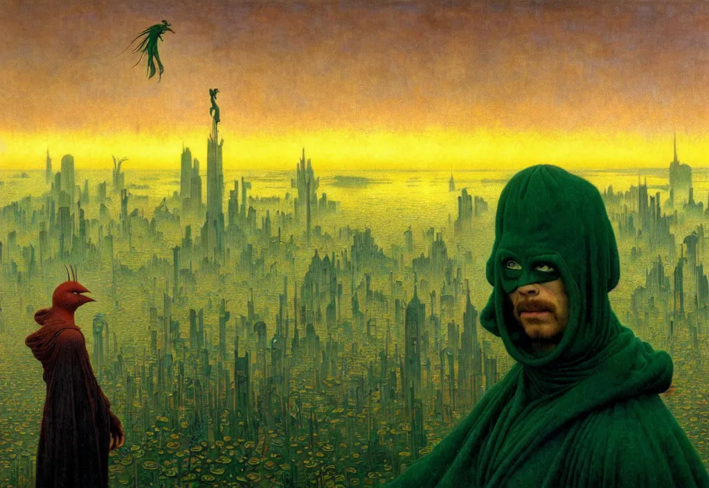 Image similar to realistic detailed portrait movie shot of a birdman wearing dark green ragged robes, futuristic city sunrise landscape background by denis villeneuve, jean delville, yves tanguy, alphonse mucha, ernst haeckel, max ernst, roger dean, rich moody colours, ethereal, closeup