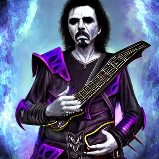 Prompt: Tony Iommi as a fantasy death knight, digital character art.