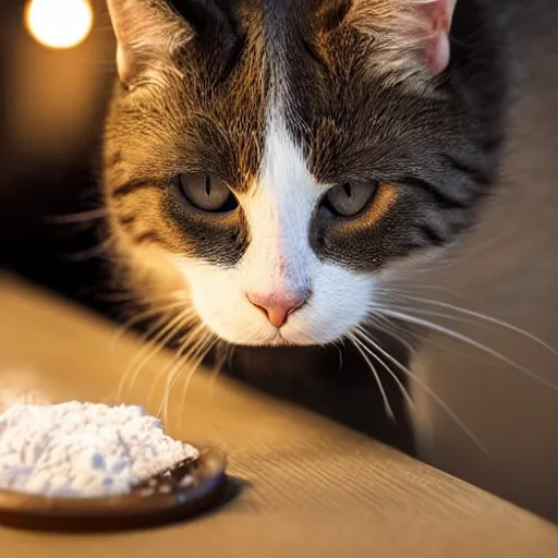 Prompt: an adorable cat snorting cocaine off of a dimly lit bar, professional photography, 8k