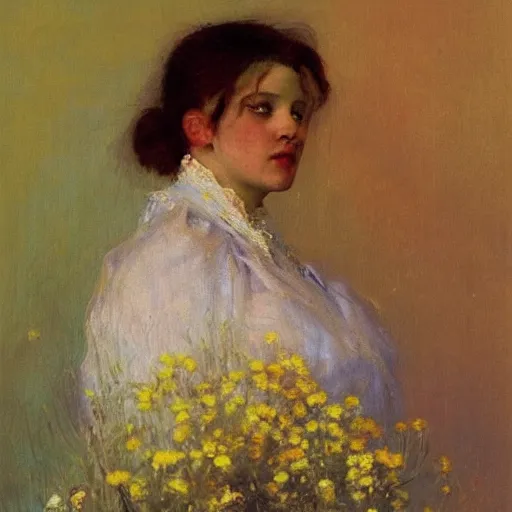 Prompt: portrait of a woman in the clouds with flowers by iliya repin