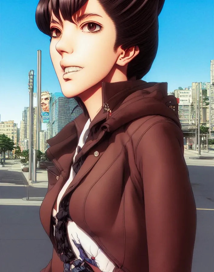 Image similar to portrait of a snobby rich mexican girl standing at a bus stop, by katsuhiro otomo, yoshitaka amano, nico tanigawa, and artgerm rendered with 3 d effect, sweet artpiece.