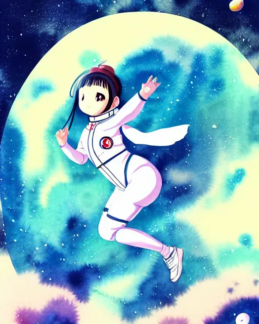 Image similar to oriental water color of a cute thicc female astronaut, floating through space, backlit, realistic anime, trending on pixiv