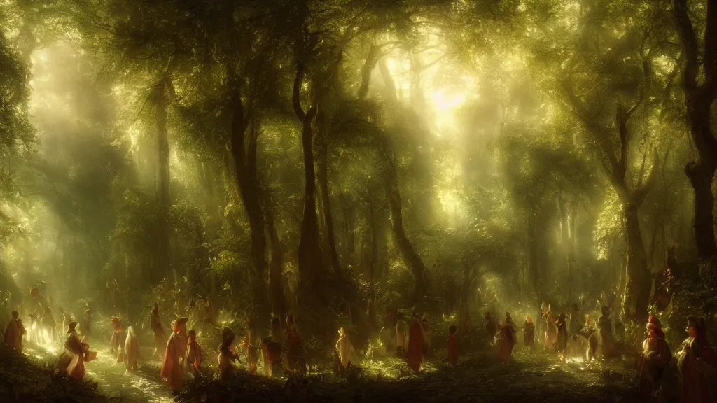 Image similar to procession of elves in the magical forest. andreas achenbach, artgerm, mikko lagerstedt, zack snyder, tokujin yoshioka, impressionist