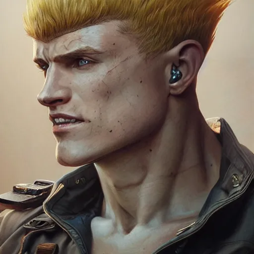 Image similar to kyle gas as guile from street fighter, ultra realistic, concept art, intricate details, eerie, highly detailed, photorealistic, octane render, 8 k, unreal engine. art by artgerm and greg rutkowski and magali villeneuve and alphonse mucha