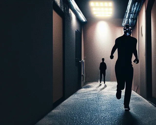 Prompt: photograph of a man with a urinal head running in a dark alley, 8k resolution, high detail, ULTRA REALISTIC VFX, reflections