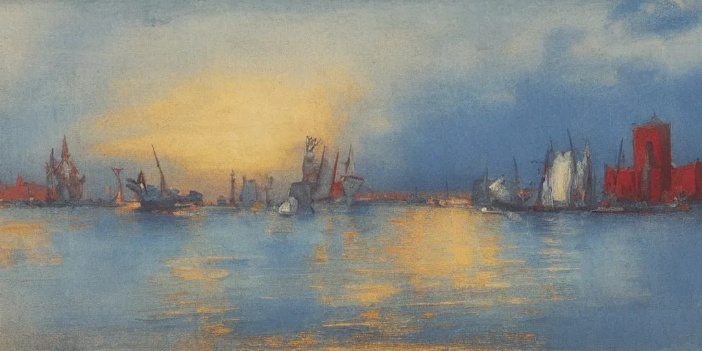 Prompt: tonalist landscape of yoruban cityscape with sailing ships, cerulean blue, payne's grey, titanium white, and venetian red, sharp details, high contrast, contre - jour, backlighting, golden ratio, crosshatching