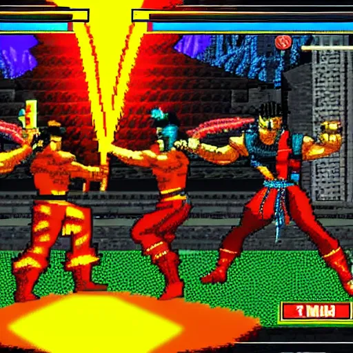 Prompt: a screenshot from gameplay from a new 2 d mortal kombat game using digitzed graphics in the style of retro 1 6 - bit midway arcade games