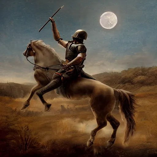 Prompt: Digital art of a tired spartan soldier riding horse on the battlefield in the style of an oil painting, acrylic, bleak, moonlight, detailed,