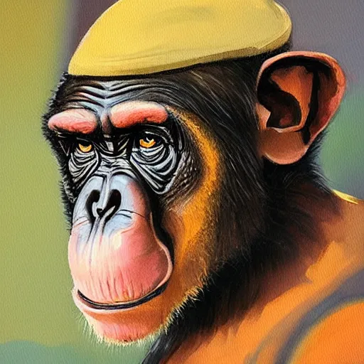 Image similar to a high detail portrait of a chimp wearing a suit 👔,and smoking🚬